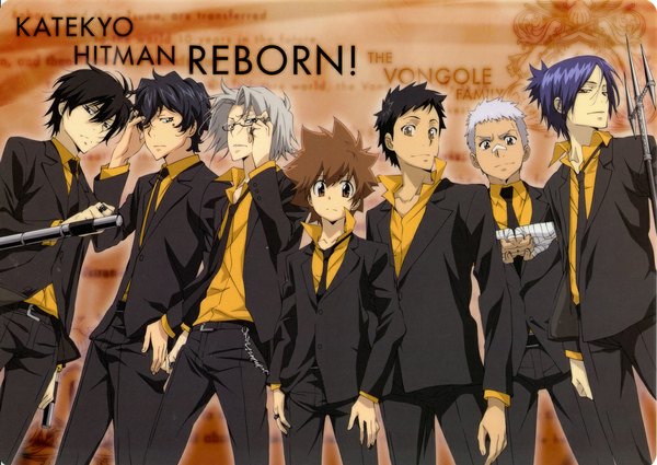 Anime picture 1024x726 with katekyou hitman reborn sawada tsunayoshi hibari kyouya rokudo mukuro gokudera hayato yamamoto takeshi lambo sasagawa ryohei tanaka masayoshi black hair smile brown hair brown eyes green eyes purple hair white hair grey hair black eyes grey eyes copyright name