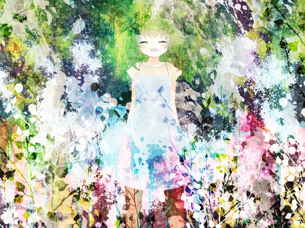 Anime picture 2000x1500 with vocaloid gumi single blush highres short hair open mouth standing eyes closed green hair tears abstract girl