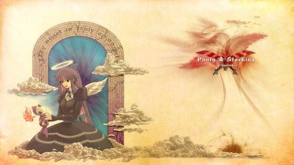 Anime picture 1600x900 with panty & stocking with garterbelt anarchy stocking chokoan (artist) long hair wide image sitting purple hair cloud (clouds) multicolored hair colored inner hair girl dress bow hair bow wings cat toy halo stuffed animal