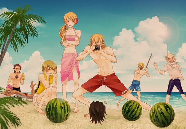 Anime picture 1150x800 with tiger & bunny sunrise (studio) kaburagi t. kotetsu barnaby brooks jr. ivan karelin keith goodman karina lyle pao-lin huang antonio lopez nathan seymour tagme (artist) long hair fringe short hair blonde hair brown hair sitting multiple girls pink hair sky