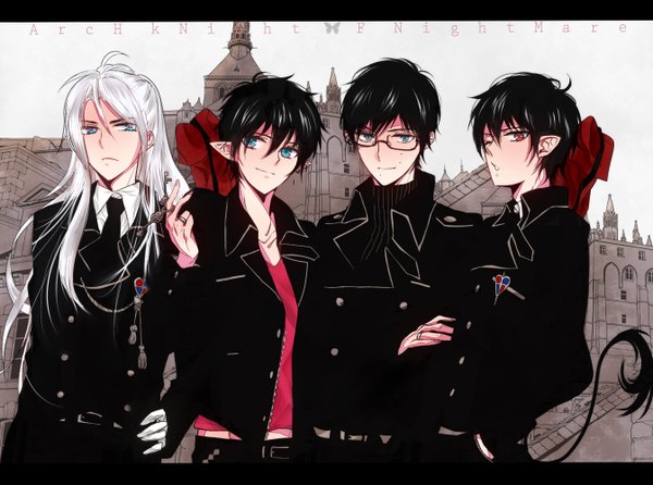 Anime picture 1344x1000 with ao no exorcist a-1 pictures okumura rin okumura yukio night (ao no exorcist) angel arthur augusto mayone long hair short hair blue eyes black hair red eyes green eyes silver hair tail one eye closed wink pointy ears inscription mole
