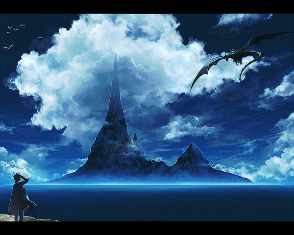 Anime picture 1000x800 with original ryou (kimagure) single standing sky cloud (clouds) mountain landscape rock spiked hair animal water sea bird (birds) pants dragon seagull island