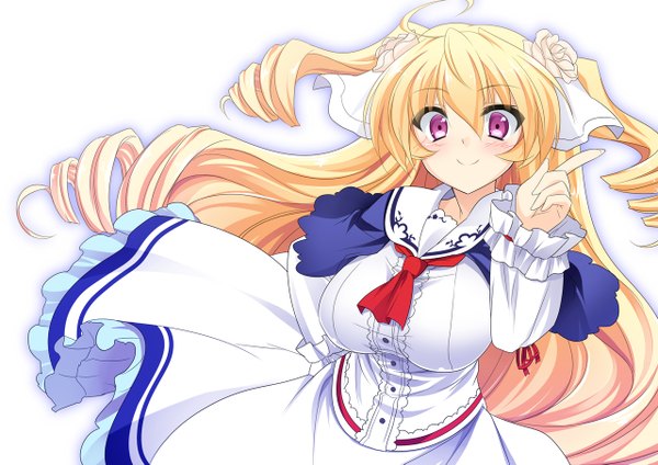 Anime picture 1280x905 with original mtu (orewamuzituda) single long hair looking at viewer blush simple background blonde hair smile white background pink eyes drill hair girl dress