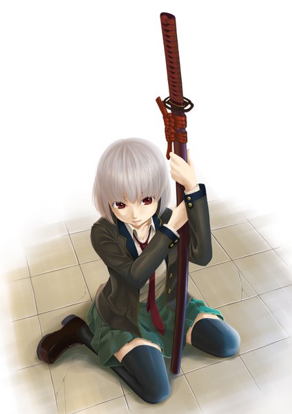 Anime picture 1240x1754 with original chienoringo (artist) single tall image looking at viewer short hair red eyes sitting silver hair pleated skirt from above open clothes open jacket girl thighhighs uniform weapon black thighhighs school uniform sword