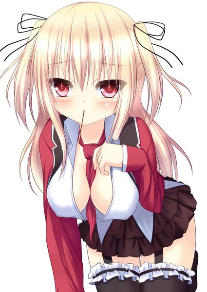 Anime picture 1519x2146 with original nyarumi single long hair tall image looking at viewer blush breasts light erotic blonde hair red eyes two side up girl thighhighs skirt uniform black thighhighs school uniform miniskirt shirt