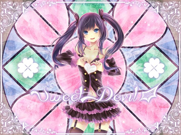 Anime picture 1000x750 with original kiyopee single long hair open mouth blue eyes smile twintails purple hair pleated skirt inscription heart hands girl thighhighs skirt black thighhighs detached sleeves heart suspenders stained glass