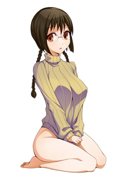 Anime picture 750x1000 with original torigoe takumi single long hair tall image looking at viewer light erotic black hair simple background red eyes white background braid (braids) barefoot bare legs girl glasses sweater