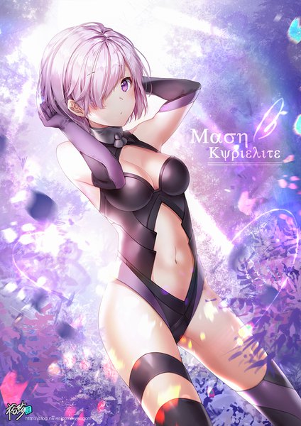 Anime picture 1024x1448 with fate (series) fate/grand order mash kyrielight kyjsogom single tall image looking at viewer blush fringe short hair breasts light erotic large breasts purple eyes bare shoulders pink hair cleavage hair over one eye bare belly watermark