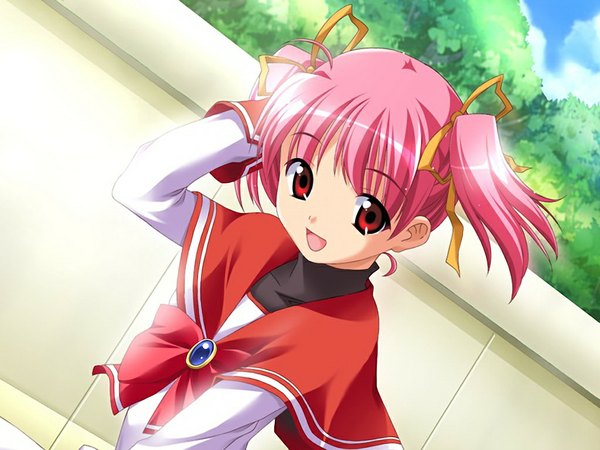 Anime picture 1024x768 with anonono tooyama kokoro open mouth red eyes twintails pink hair game cg girl ribbon (ribbons) hair ribbon serafuku