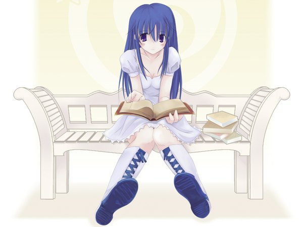Anime picture 1600x1200 with pangya arin long hair looking at viewer blue eyes simple background sitting blue hair dress boots white dress book (books) bench