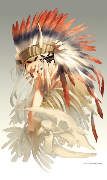 Anime picture 865x1454 with original re (artist) single tall image eyes closed profile fingernails native american boy feather (feathers) skull native american headdress