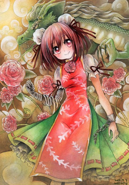 Anime picture 702x1000 with touhou ibaraki kasen koutei (touhou) mosho single tall image looking at viewer blush short hair smile red eyes signed red hair hair bun (hair buns) chinese clothes fantasy girl flower (flowers) rose (roses) bandage (bandages)