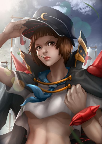 Anime picture 800x1131 with kill la kill studio trigger mankanshoku mako magion02 single tall image fringe short hair breasts light erotic brown hair holding brown eyes looking away sky cloud (clouds) lips realistic lipstick serious