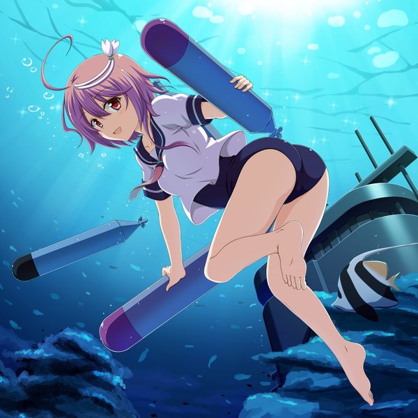 Anime picture 1600x1600 with kantai collection i-58 submarine shira-nyoro single looking at viewer short hair open mouth light erotic red eyes pink hair full body ass barefoot bare legs girl weapon swimsuit animal one-piece swimsuit fish (fishes)