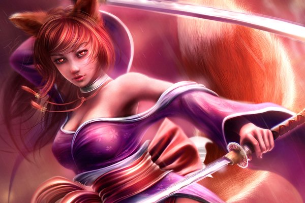 Anime picture 1920x1280 with eddy-shinjuku single long hair looking at viewer highres red eyes bare shoulders animal ears red hair tail traditional clothes animal tail realistic fox ears fox tail fox girl girl weapon sword katana