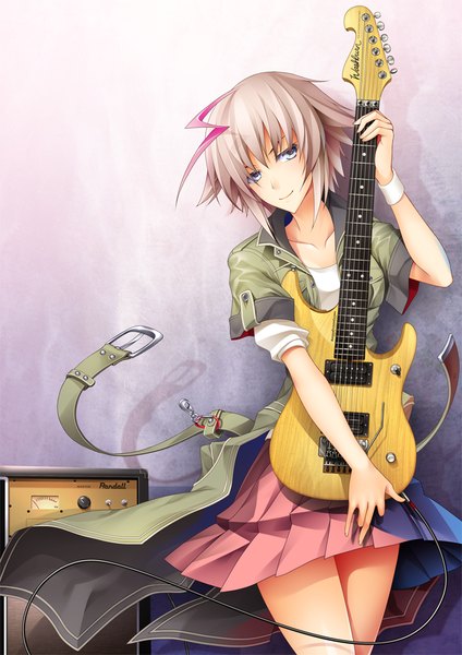 Anime picture 716x1012 with original 440 single tall image looking at viewer short hair blue eyes smile brown hair ahoge girl dress jacket guitar speakers bass guitar