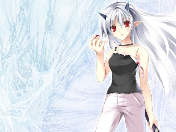 Anime picture 1600x1200 with tateha (marvelous grace) single long hair looking at viewer fringe open mouth hair between eyes red eyes standing bare shoulders holding silver hair horn (horns) wind pointy ears injury cuts girl weapon sword