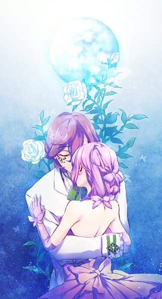 Anime picture 620x1140 with uta no prince-sama a-1 pictures nanami haruka (uta no prince-sama) kotobuki reiji tagme (artist) tall image short hair brown hair bare shoulders pink hair eyes closed from behind alternate costume couple hug alternate hairstyle bare back face paint girl dress