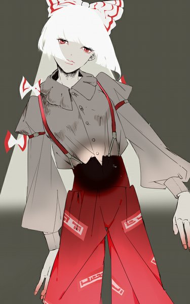 Anime picture 500x800 with touhou fujiwara no mokou okomeuma single long hair tall image looking at viewer fringe simple background red eyes white hair grey background girl bow hair bow suspenders