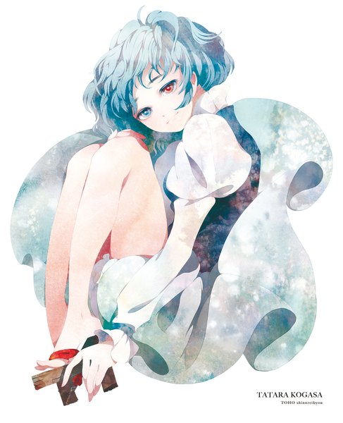Anime picture 1344x1654 with touhou tatara kogasa pepepo (kyachi) single tall image short hair simple background white background blue hair heterochromia girl dress