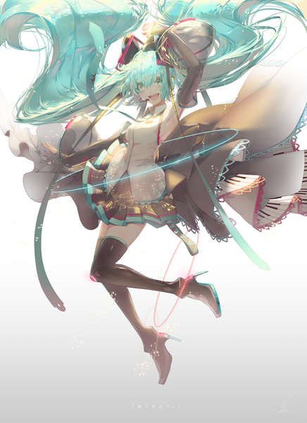 Anime picture 2026x2783 with vocaloid hatsune miku saihate (d3) single tall image looking at viewer fringe highres simple background hair between eyes twintails full body very long hair nail polish arm up aqua eyes aqua hair armpit (armpits) high heels zettai ryouiki