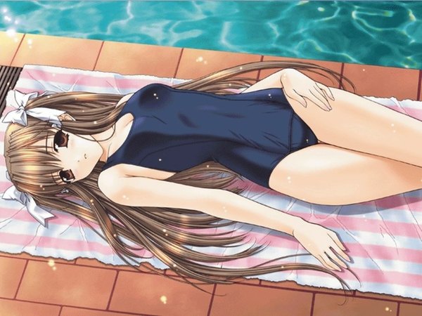 Anime picture 1024x768 with lost passage yamabuki sayuki kimizuka aoi long hair light erotic brown hair brown eyes swimsuit one-piece swimsuit towel school swimsuit pool