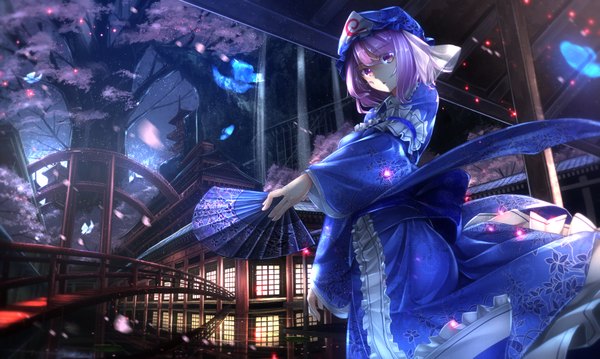 Anime picture 1670x1000 with touhou saigyouji yuyuko ryosios single looking at viewer short hair wide image pink hair traditional clothes japanese clothes pink eyes blurry night cherry blossoms scenic girl plant (plants) petals tree (trees) frills