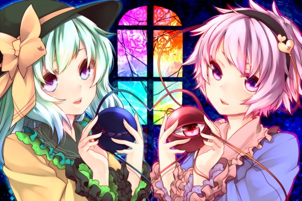 Anime picture 1200x800 with touhou komeiji koishi komeiji satori yutazou looking at viewer short hair open mouth blue eyes smile purple eyes multiple girls pink hair green hair eyes girl dress 2 girls hat frills window