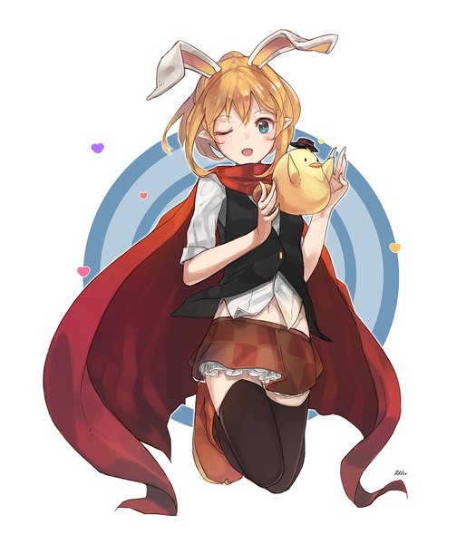 Anime picture 1000x1143 with dungeon and fighter nellen single tall image looking at viewer blush fringe short hair open mouth blonde hair simple background white background animal ears one eye closed aqua eyes pointy ears wink short sleeves bunny ears girl