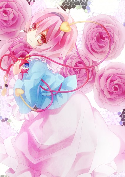 Anime picture 990x1399 with touhou komeiji satori kyouda suzuka single tall image looking at viewer blush short hair smile pink hair pink eyes girl flower (flowers) rose (roses) pink rose eye
