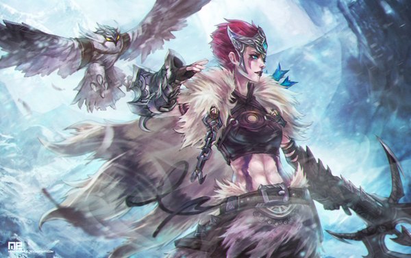 Anime picture 3505x2204 with league of legends quinn (league of legends) monori rogue single highres short hair blue eyes pink hair absurdres lips girl weapon animal armor bird (birds) fur vambraces crossbow