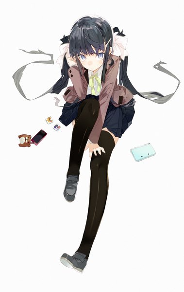 Anime picture 948x1500 with original karei (hirameme) single long hair tall image looking at viewer blush blue eyes black hair simple background white background sitting twintails from above adjusting hair girl thighhighs skirt uniform bow