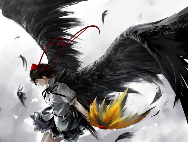 Anime picture 1680x1270 with touhou shameimaru aya kzcjimmy single short hair black hair red eyes glowing glowing eye (eyes) girl skirt hat shirt wings feather (feathers) fan hauchiwa