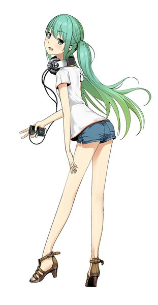 Anime picture 519x1000 with vocaloid hatsune miku couzone single long hair tall image blush fringe open mouth twintails looking away nail polish aqua eyes green hair victory arched back headphones around neck girl shorts headphones