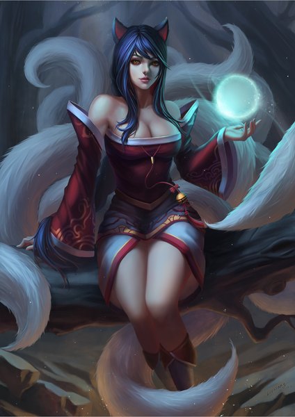 Anime picture 965x1367 with league of legends ahri (league of legends) tomoekou single long hair tall image breasts bare shoulders animal ears blue hair looking away tail lips orange eyes magic fox girl multiple tails girl detached sleeves