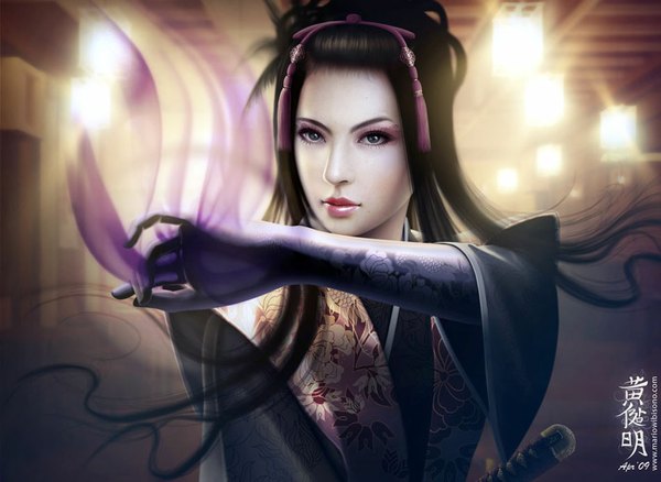Anime picture 1024x748 with legend of the five rings hand of the obsidian dragon mario wibisono (raynkazuya) single long hair black hair traditional clothes japanese clothes lips sunlight realistic grey eyes tattoo girl weapon sword kimono katana