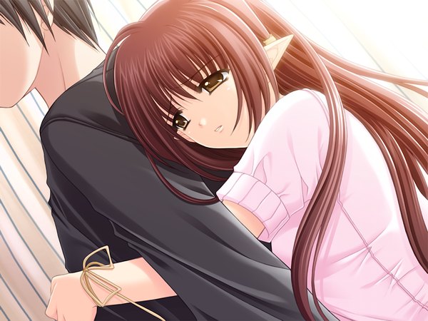 Anime picture 1024x768 with shuffle! lisianthus long hair brown hair brown eyes game cg pointy ears girl