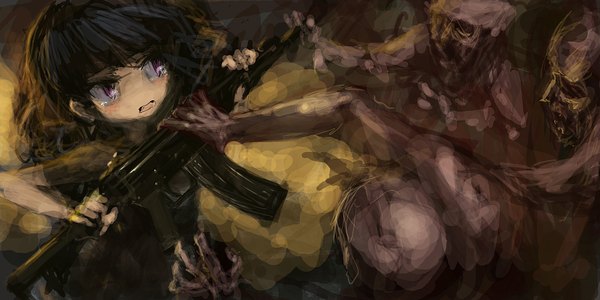 Anime picture 2000x1000 with lm7 (op-center) highres black hair wide image battle zombie weapon gun rifle