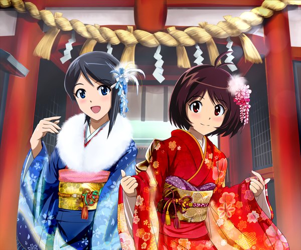 Anime picture 1440x1200 with idolmaster idolmaster dearly stars mizutani eri hidaka ai hina (araburu-hinadori) long hair blush short hair open mouth blue eyes black hair red eyes multiple girls traditional clothes japanese clothes girl hair ornament 2 girls kimono obi