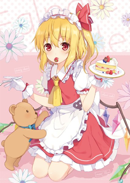 Anime picture 587x825 with touhou flandre scarlet 6u (eternal land) single tall image looking at viewer blush short hair blonde hair red eyes holding kneeling mouth hold side ponytail girl gloves flower (flowers) wings food white gloves