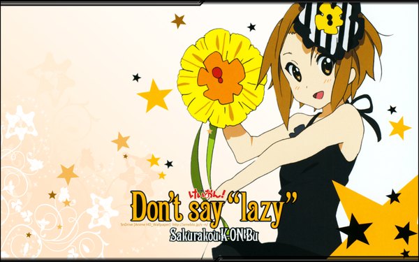 Anime picture 1920x1200 with k-on! kyoto animation tainaka ritsu single looking at viewer highres short hair brown hair wide image brown eyes wallpaper sleeveless third-party edit don't say "lazy" girl dress black dress star (symbol)
