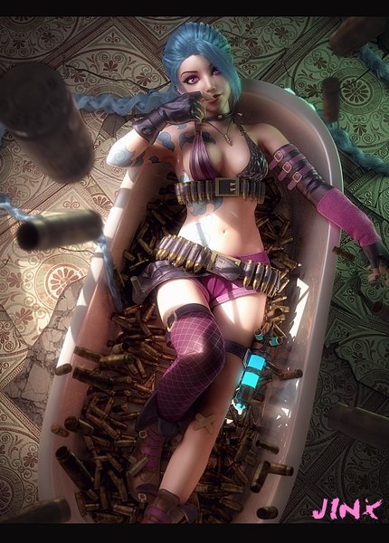 Anime picture 1500x2091 with league of legends jinx (league of legends) qilong han single tall image looking at viewer breasts light erotic blue hair very long hair nail polish pink eyes fingernails realistic bare belly midriff tattoo 3d girl thighhighs