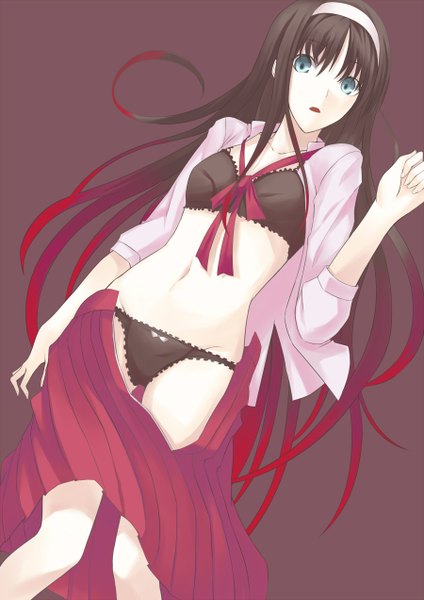Anime picture 900x1272 with shingetsutan tsukihime type-moon toono akiha kauto single long hair tall image looking at viewer blush open mouth blue eyes light erotic black hair lying pleated skirt multicolored hair open clothes bare belly open shirt gradient hair