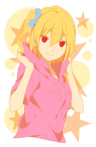 Anime picture 613x935 with kagerou project shaft (studio) kisaragi momo sekina single tall image looking at viewer fringe short hair blonde hair smile hair between eyes red eyes white background one side up girl star (symbol) hood scrunchie hair tie