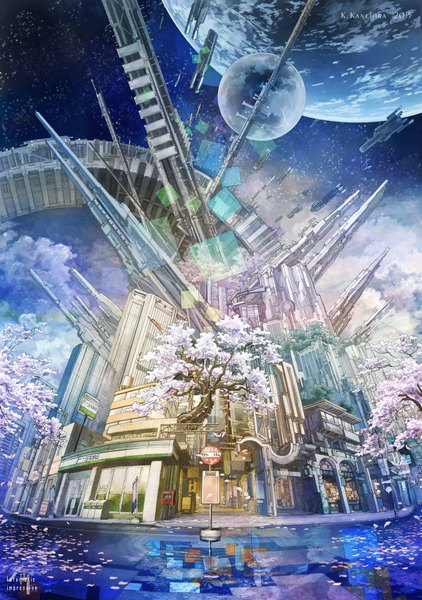 Anime picture 1200x1704 with original k kanehira tall image cherry blossoms no people fantasy scenic space plant (plants) petals tree (trees) building (buildings) planet earth satellite