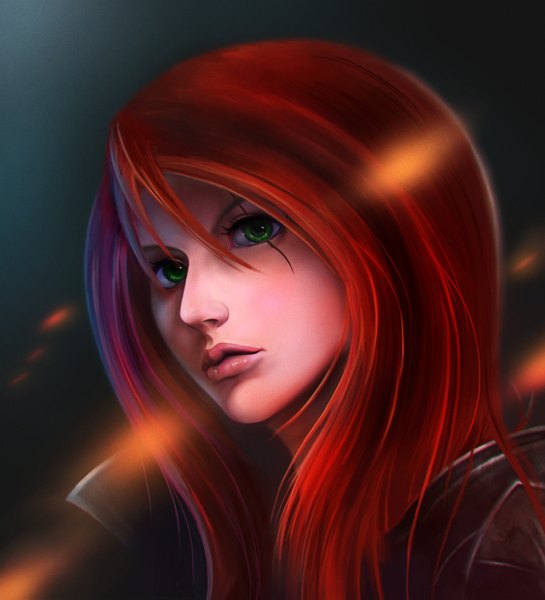 Anime picture 1250x1375 with league of legends katarina (league of legends) kuldras single long hair tall image green eyes red hair lips portrait scar close-up face girl