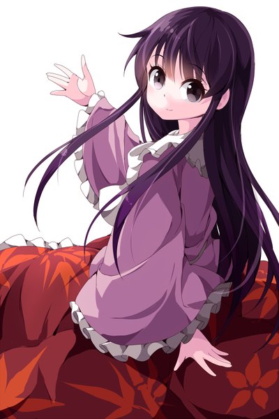 Anime picture 800x1200 with touhou houraisan kaguya ruu (tksymkw) single long hair tall image fringe simple background white background sitting purple hair looking back light smile black eyes outstretched arm girl frills