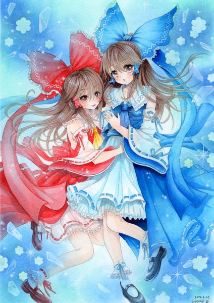 Anime picture 1060x1500 with touhou hakurei reimu mosho long hair tall image blush brown hair multiple girls brown eyes signed traditional clothes miko dual persona traditional media watercolor (medium) alternate color girl bow 2 girls hair bow