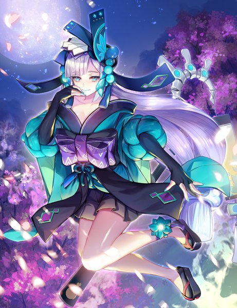 Anime picture 1000x1300 with onmyoji aoandon eu (euspia) single tall image looking at viewer blue eyes smile silver hair full body very long hair nail polish night lipstick cherry blossoms hand to mouth midair blue lipstick girl gloves