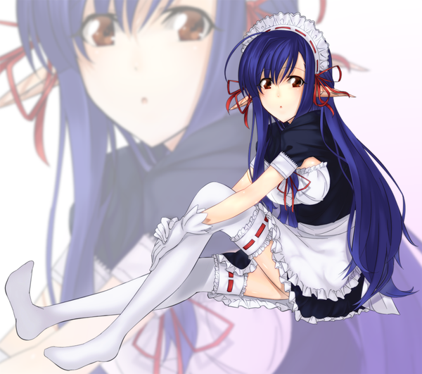 Anime picture 1095x970 with shuffle! nerine 1000000000 single long hair brown eyes purple hair pointy ears maid zoom layer girl thighhighs white thighhighs headdress maid headdress